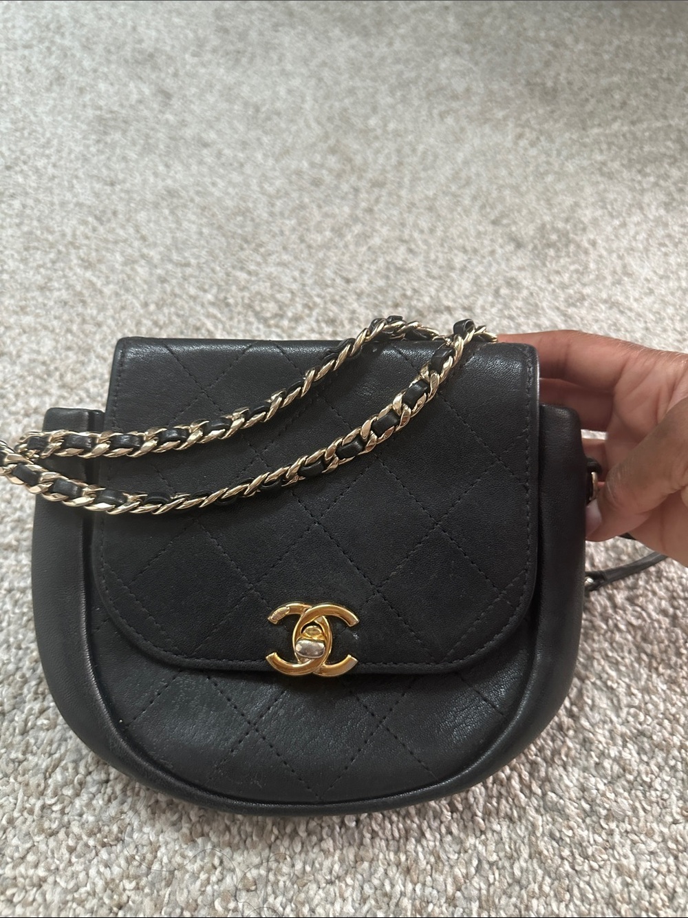 CHANEL Black Quilted Leather Saddle Crossbody with Gold Chain